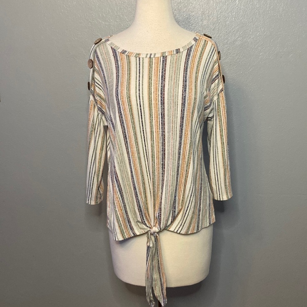 CURE 3/4 Sleeve Top Blouse Stripes Tie Front S